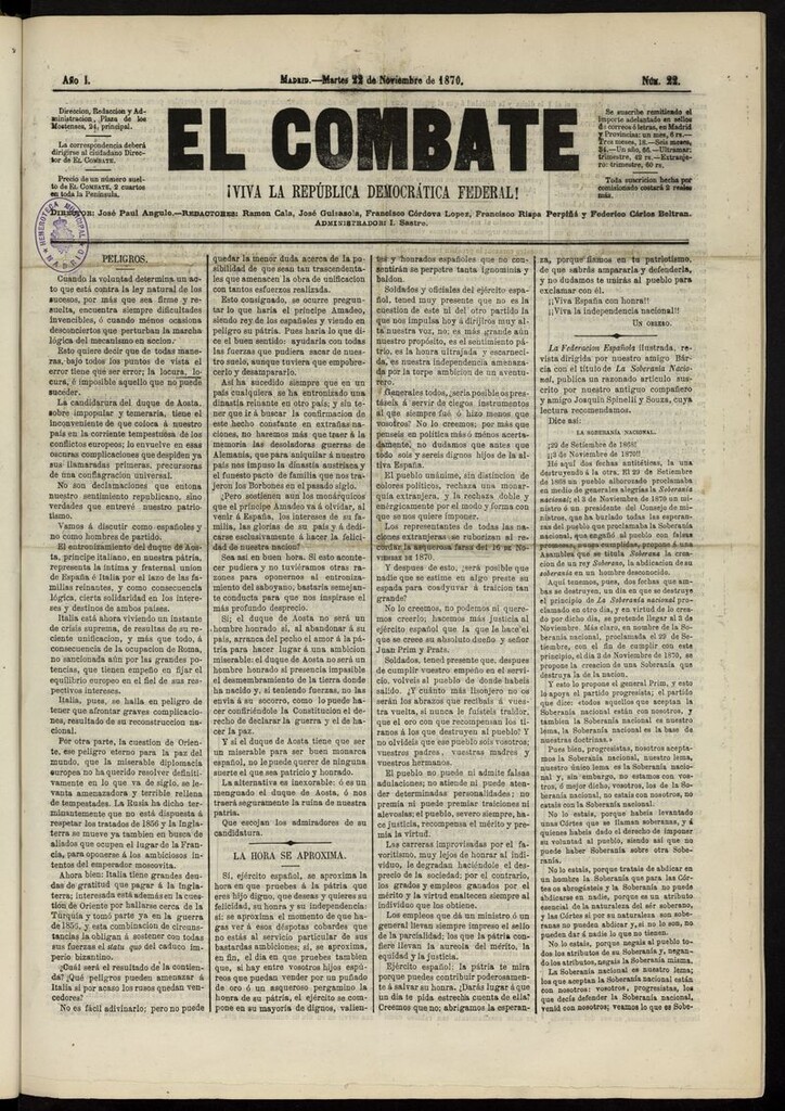 Miniatura de El Combate: ¡Viva la República Democrática Federal! del 22 de noviembre de 1870, nº 22