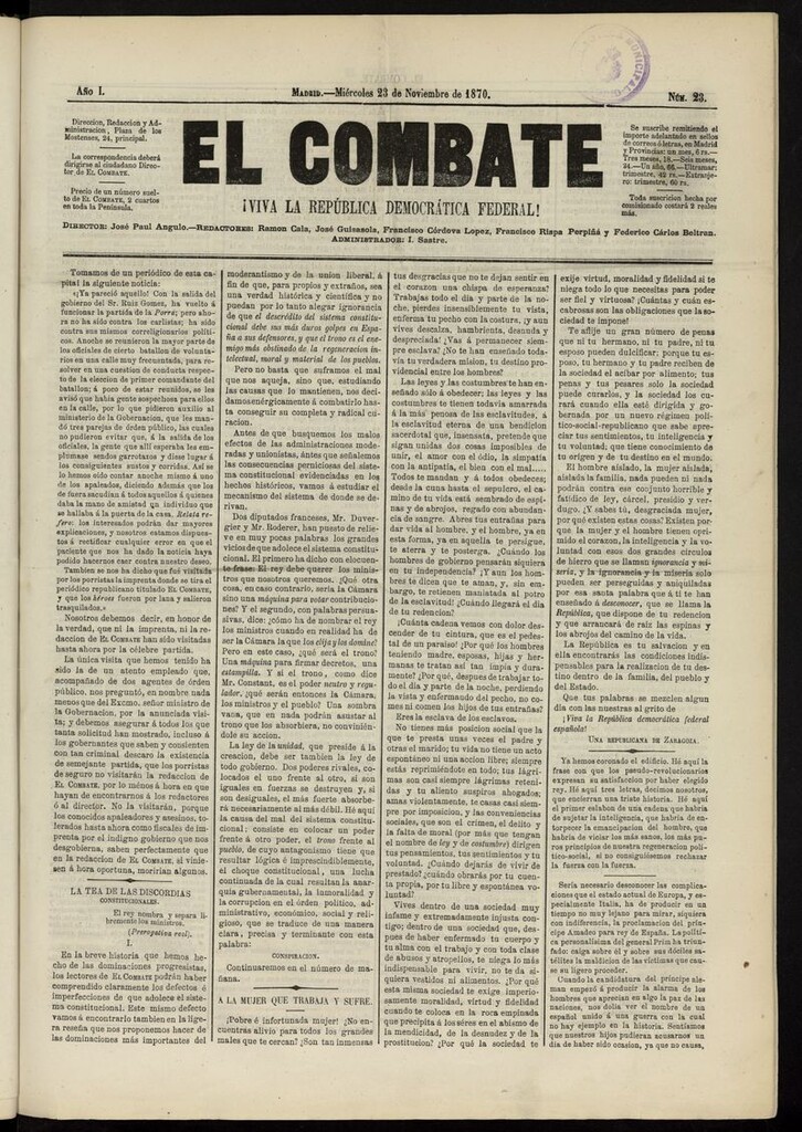 Miniatura de El Combate: ¡Viva la República Democrática Federal! del 23 de noviembre de 1870, nº 23