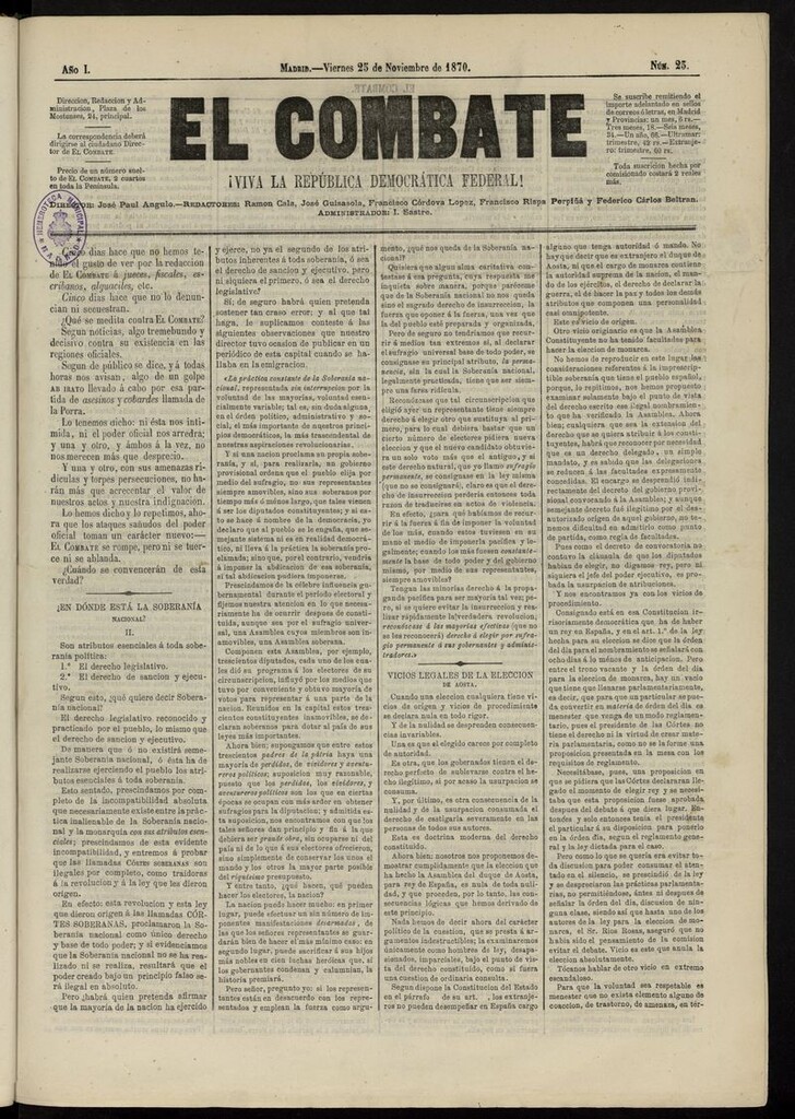 Miniatura de El Combate: ¡Viva la República Democrática Federal! del 25 de noviembre de 1870, nº 25