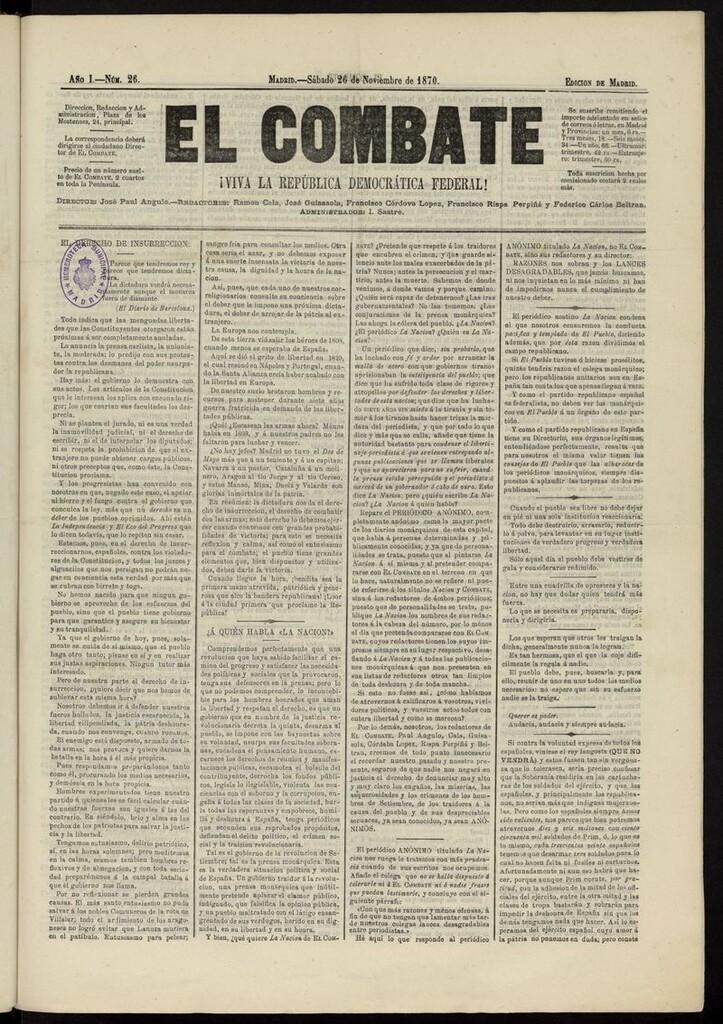 Miniatura de El Combate: ¡Viva la República Democrática Federal! del 26 de noviembre de 1870, nº 26