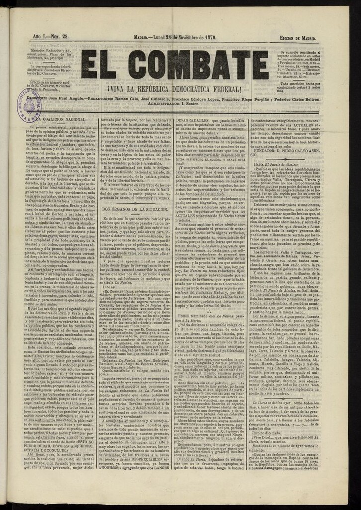 Miniatura de El Combate: ¡Viva la República Democrática Federal! del 28 de noviembre de 1870, nº 28