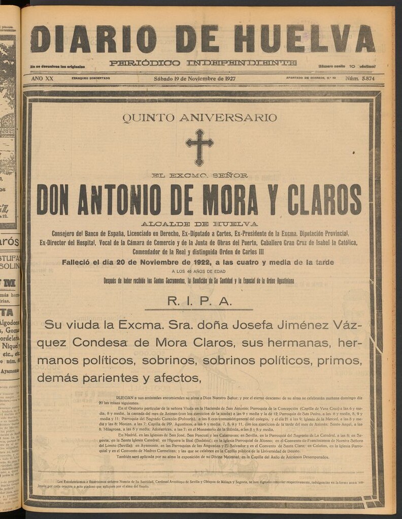 Miniatura de Diario de Huelva : periódico independiente del 19 de noviembre de 1927