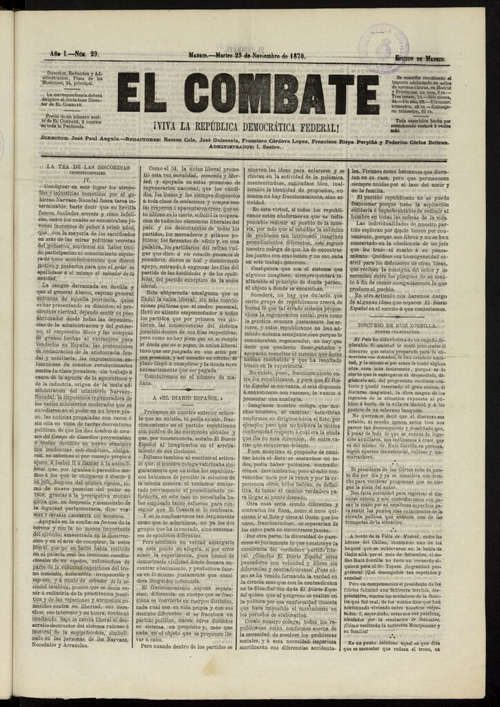 Miniatura de El Combate: ¡Viva la República Democrática Federal! del 29 de noviembre de 1870, nº 29