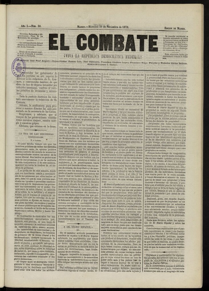 Miniatura de El Combate: ¡Viva la República Democrática Federal! del 30 de noviembre de 1870, nº 30