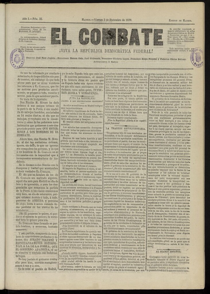 Miniatura de El Combate: ¡Viva la República Democrática Federal! del 2 de diciembre de 1870, nº 32