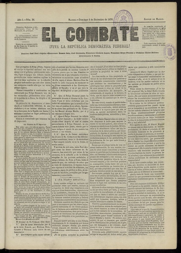 Miniatura de El Combate: ¡Viva la República Democrática Federal! del 4 de diciembre de 1870, nº 34