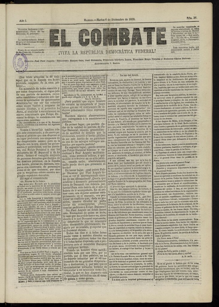 Miniatura de El Combate: ¡Viva la República Democrática Federal! del 6 de diciembre de 1870, nº 36