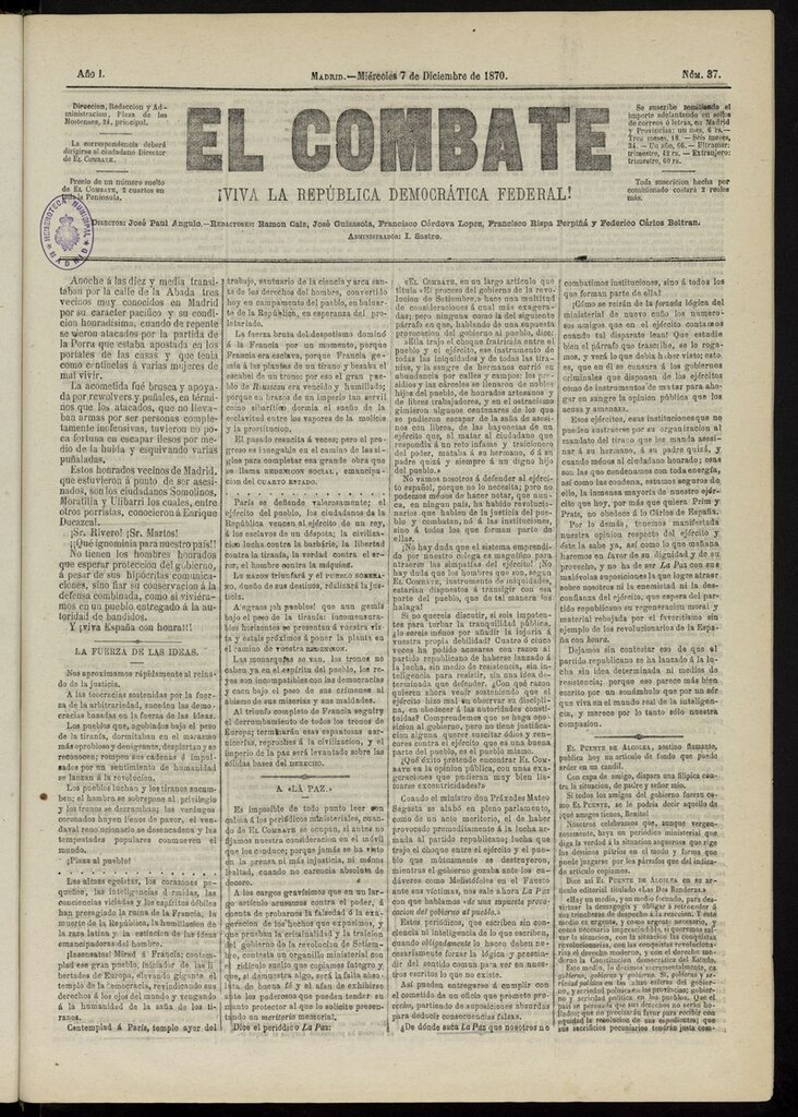 Miniatura de El Combate: ¡Viva la República Democrática Federal! del 7 de diciembre de 1870, nº 37