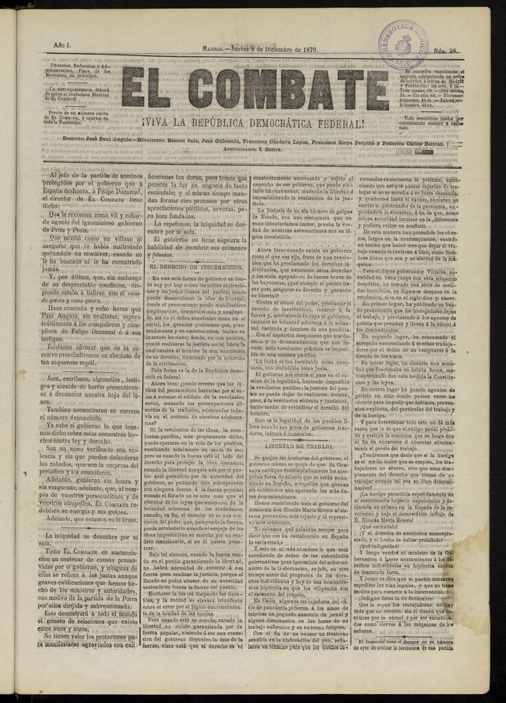Miniatura de El Combate: ¡Viva la República Democrática Federal! del 8 de diciembre de 1870, nº 38
