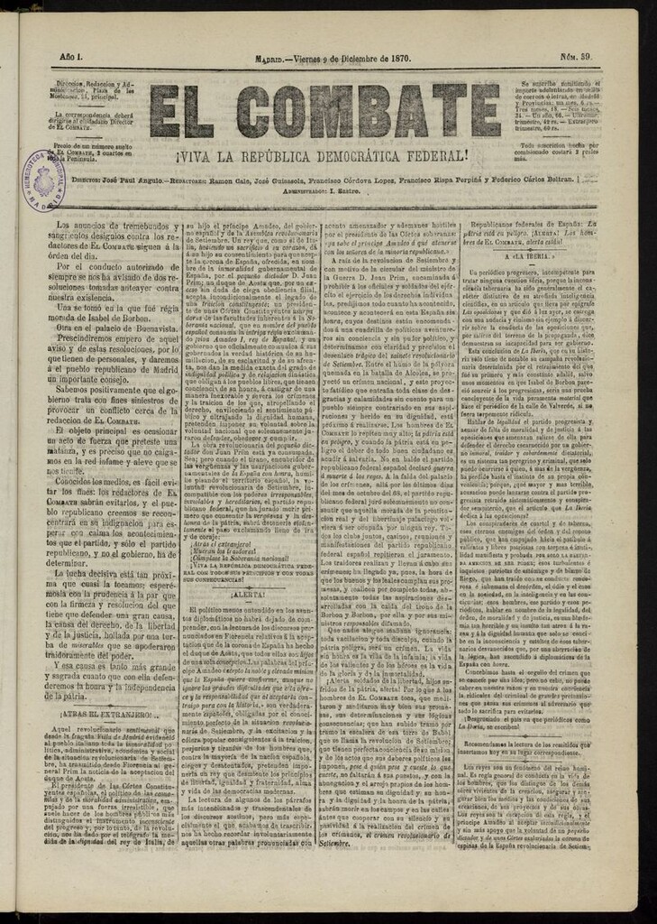 Miniatura de El Combate: ¡Viva la República Democrática Federal! del 9 de diciembre de 1870, nº 39