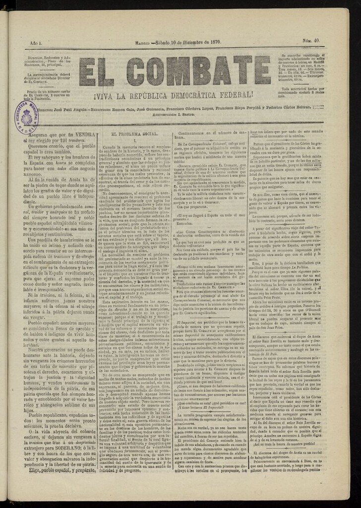 Miniatura de El Combate: ¡Viva la República Democrática Federal! del 10 de diciembre de 1870, nº 40