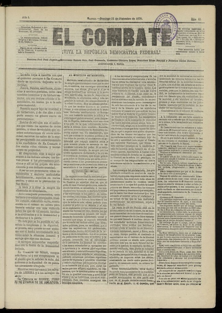Miniatura de El Combate: ¡Viva la República Democrática Federal! del 11 de diciembre de 1870, nº 41