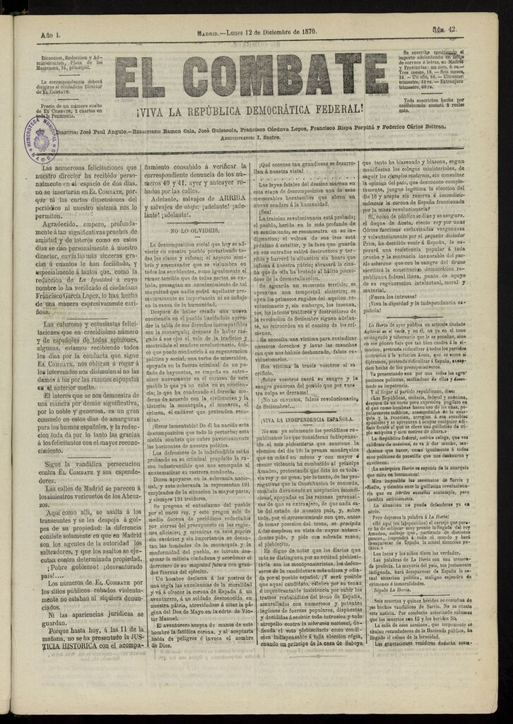 Miniatura de El Combate: ¡Viva la República Democrática Federal! del 12 de diciembre de 1870, nº 42