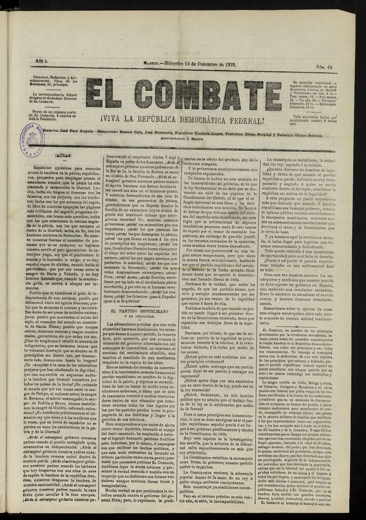 Miniatura de El Combate: ¡Viva la República Democrática Federal! del 14 de diciembre de 1870, nº 44