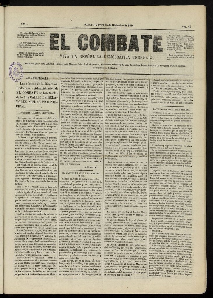 Miniatura de El Combate: ¡Viva la República Democrática Federal! del 15 de diciembre de 1870, nº 45
