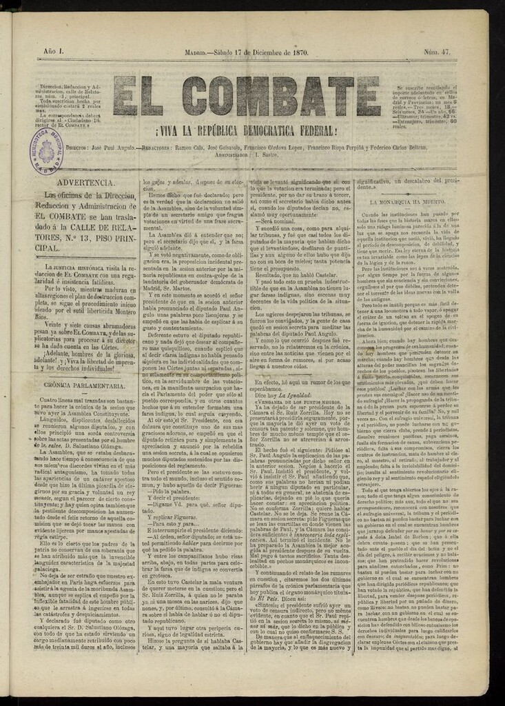 Miniatura de El Combate: ¡Viva la República Democrática Federal! del 17 de diciembre de 1870, nº 47