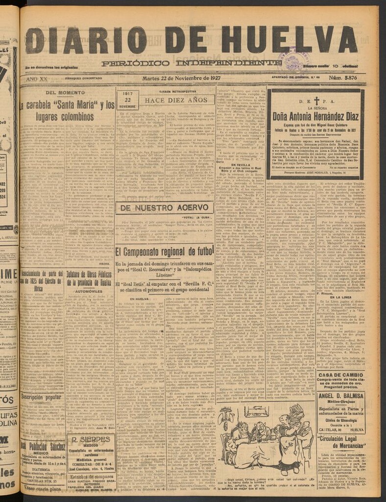 Miniatura de Diario de Huelva : periódico independiente del 22 de noviembre de 1927