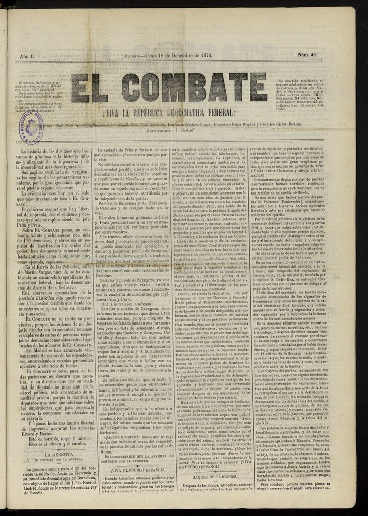 Miniatura de El Combate: ¡Viva la República Democrática Federal! del 19 de diciembre de 1870, nº 49