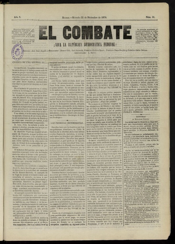 Miniatura de El Combate: ¡Viva la República Democrática Federal! del 21 de diciembre de 1870, nº 51