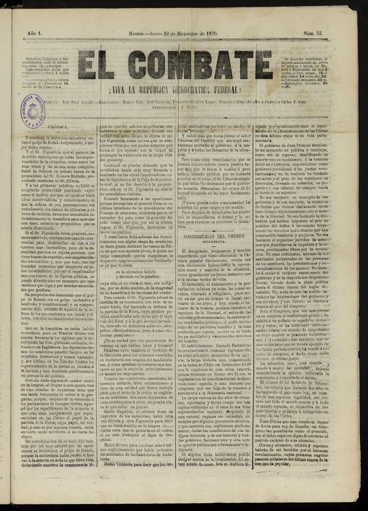 Miniatura de El Combate: ¡Viva la República Democrática Federal! del 22 de diciembre de 1870, nº 52