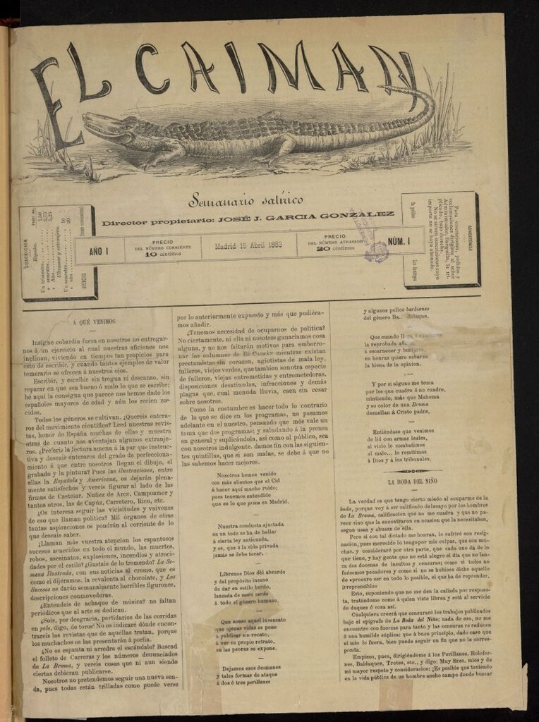 Miniatura de El Caimán: semanario satírico del 15 de abril de 1883