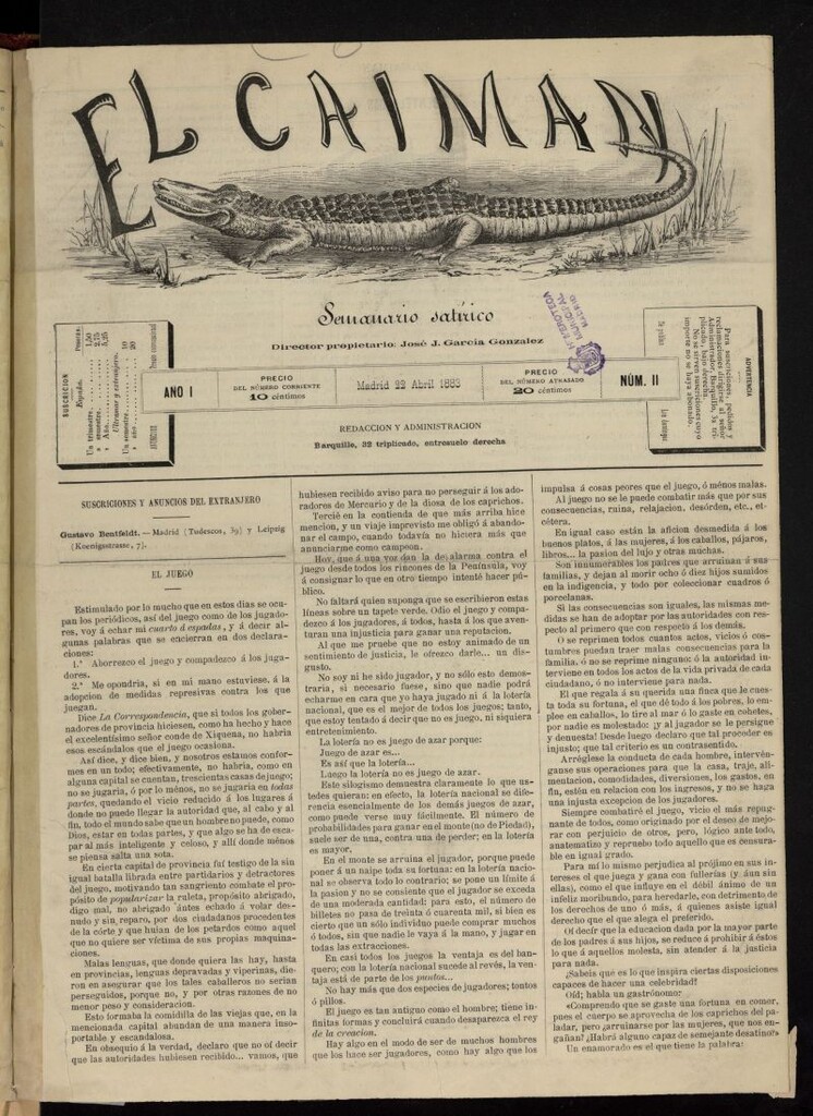 Miniatura de El Caimán: semanario satírico del 22 de abril de 1883