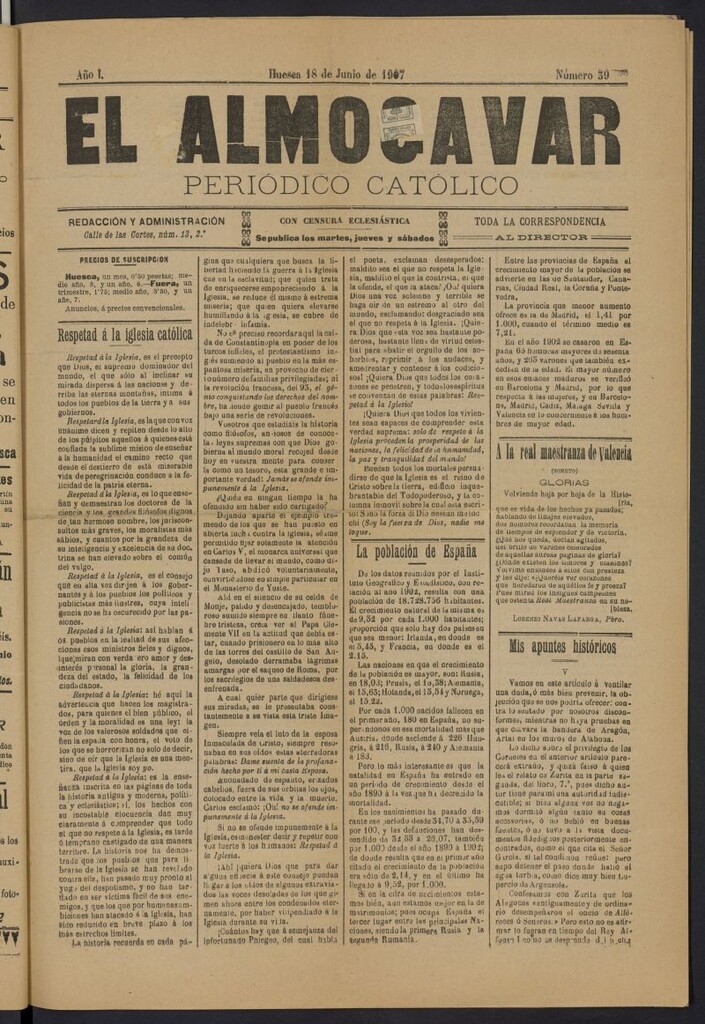 Miniatura de El almogávar: Periódico católico del 18 de junio de 1907