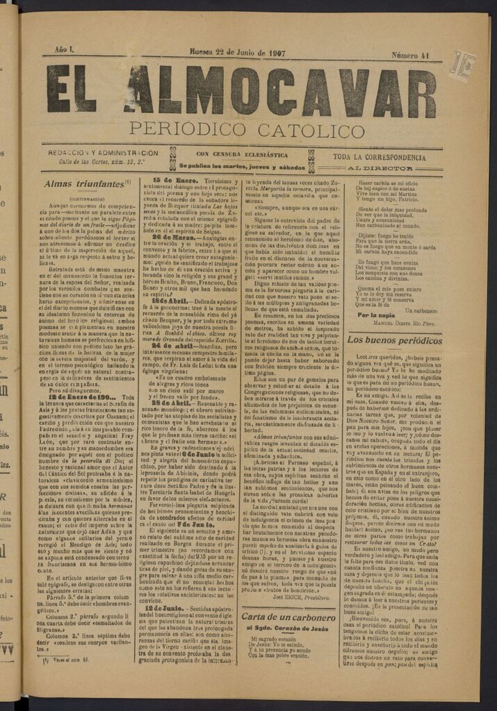 Miniatura de El almogávar: Periódico católico del 22 de junio de 1907