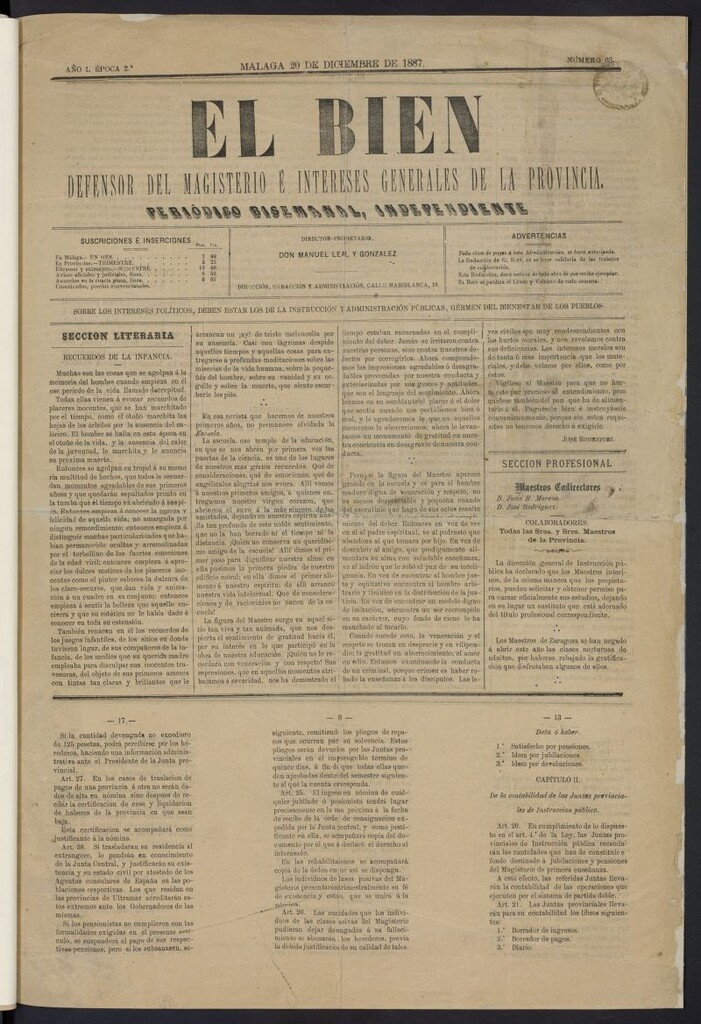 Miniatura de El Bien: defensor del Magisterio e intereses generales de la Provincia del 20 de diciembre de 1887