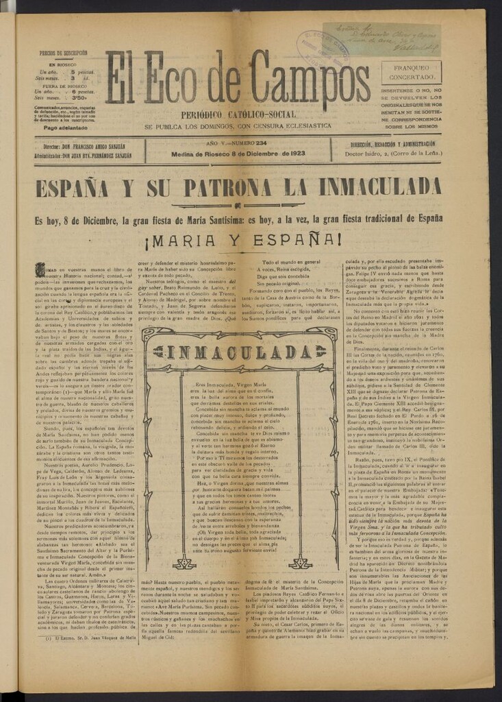 Miniatura de El eco de campos: periódico católico-social del 8 de diciembre de 1923