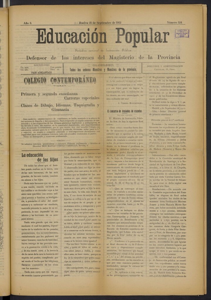Miniatura de Educación popular: periódico semanal de instrucción pública del 21 de septiembre de 1912