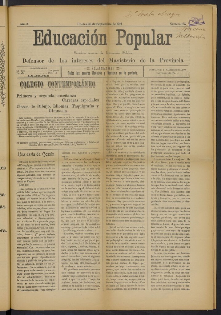 Miniatura de Educación popular: periódico semanal de instrucción pública del 30 de septiembre de 1912