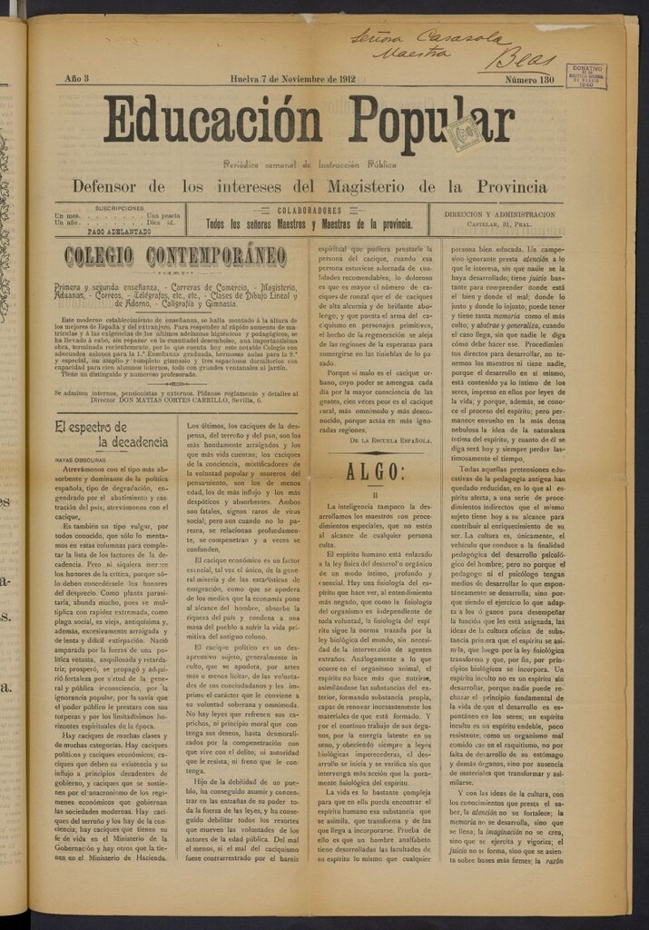 Miniatura de Educación popular: periódico semanal de instrucción pública del 7 de noviembre de 1912