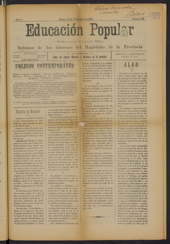 Miniatura de Educación popular: periódico semanal de instrucción pública del 14 de noviembre de 1912