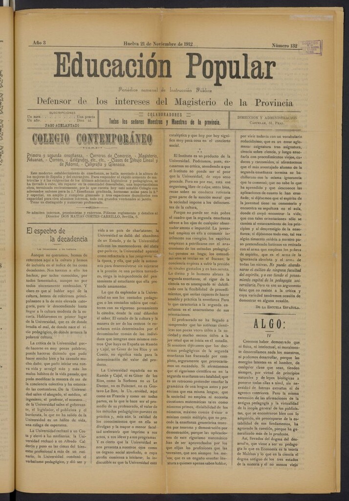 Miniatura de Educación popular: periódico semanal de instrucción pública del 21 de noviembre de 1912