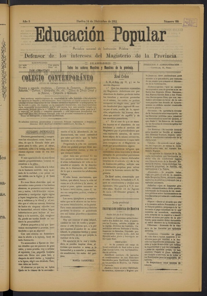 Miniatura de Educación popular: periódico semanal de instrucción pública del 14 de diciembre de 1912