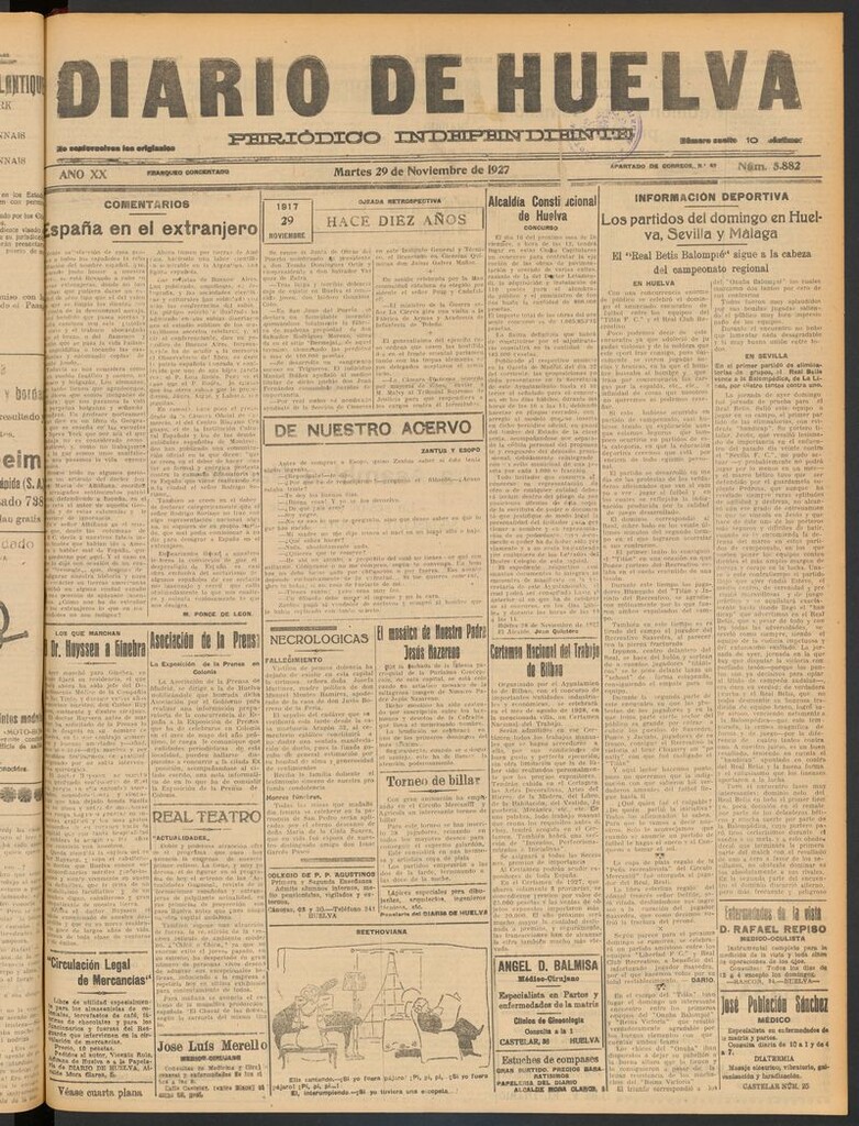 Miniatura de Diario de Huelva : periódico independiente del 29 de noviembre de 1927