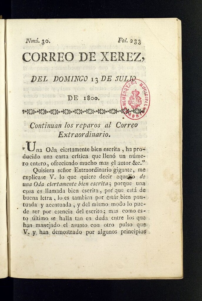 Miniatura de El Correo de Xerez del 13 de julio de 1800, nº 30
