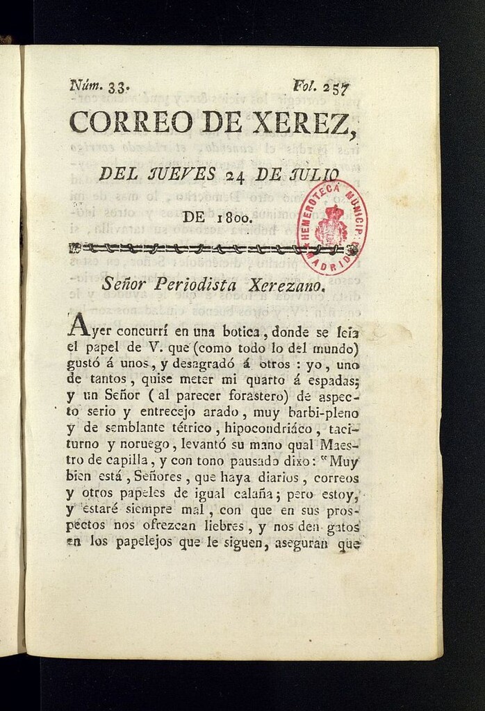 Miniatura de El Correo de Xerez del 24 de julio de 1800, nº 33