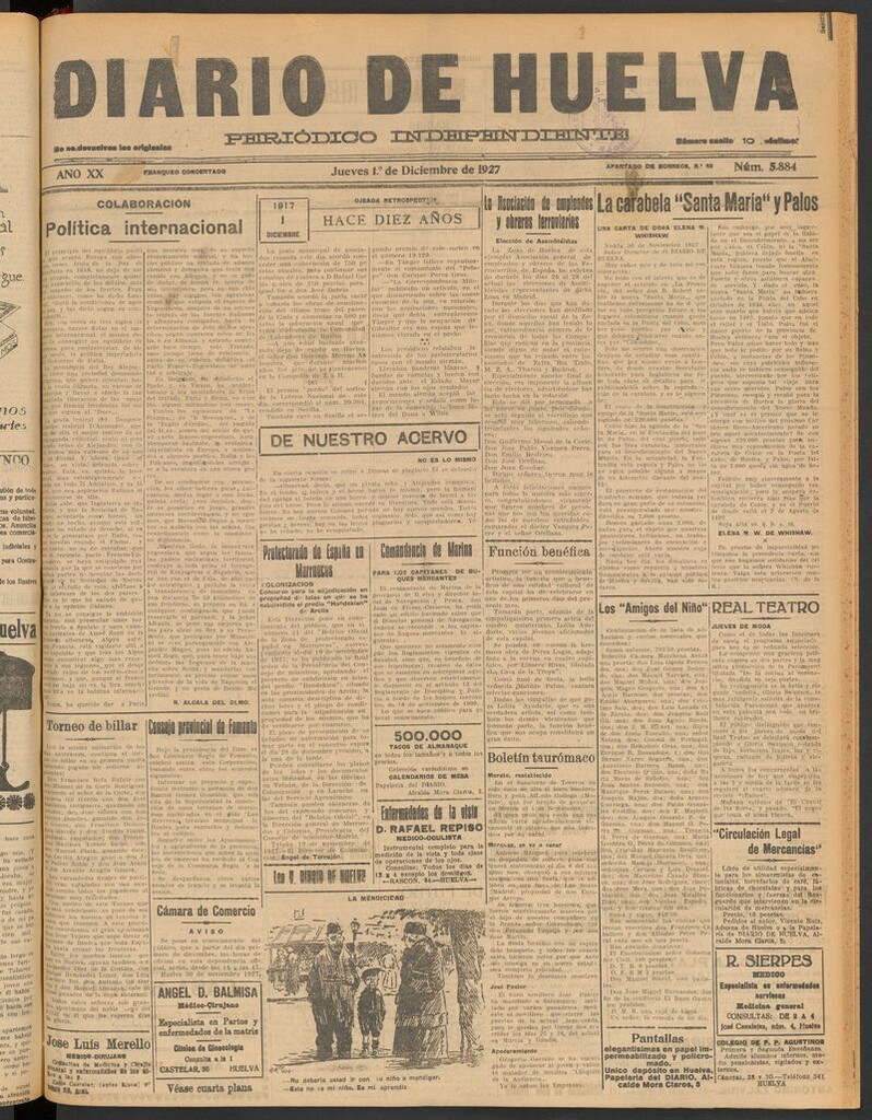Miniatura de Diario de Huelva : periódico independiente del 1 de diciembre de 1927