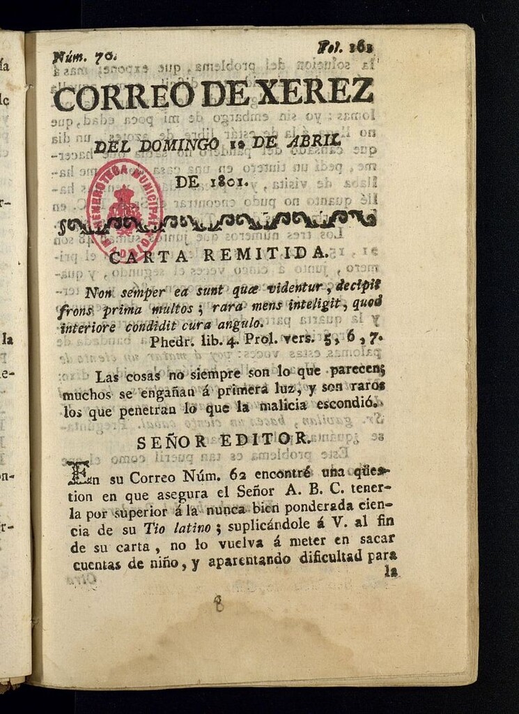 Miniatura de El Correo de Xerez del 1 de abril de 1801, nº 70