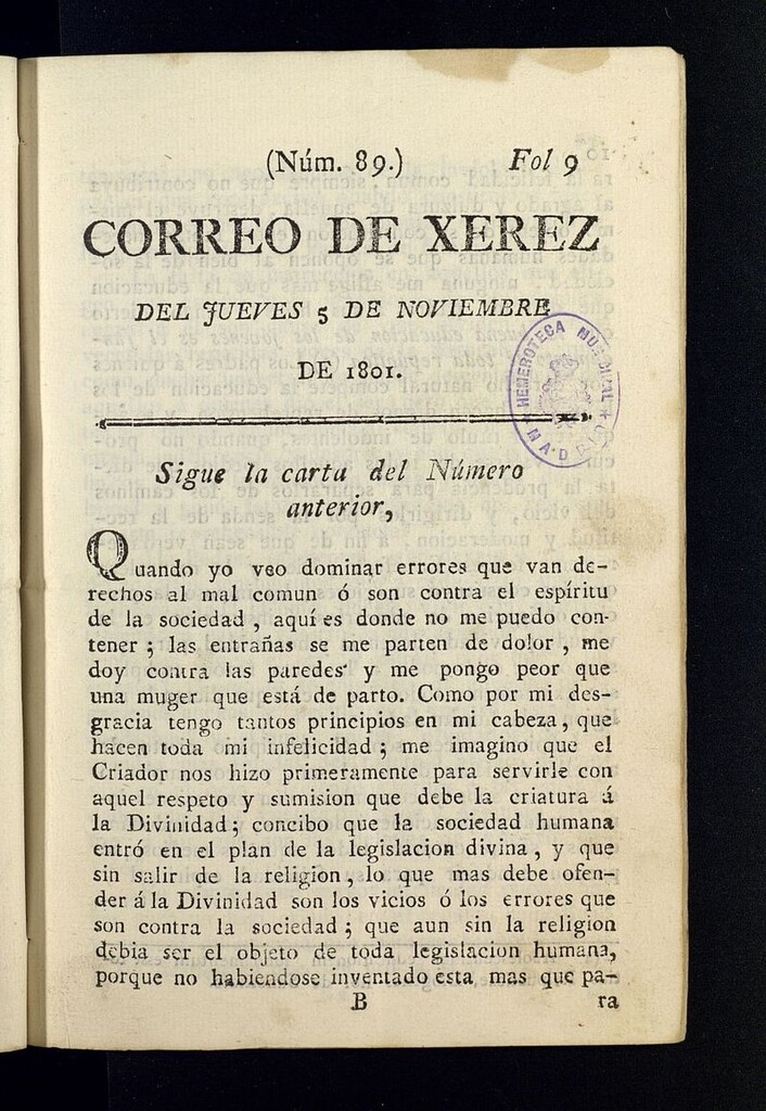 Miniatura de El Correo de Xerez del 5 de noviembre de 1801, nº 89