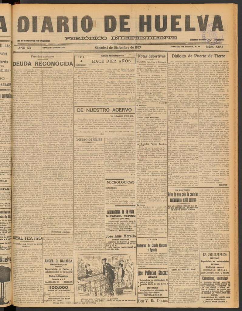 Miniatura de Diario de Huelva : periódico independiente del 3 de diciembre de 1927