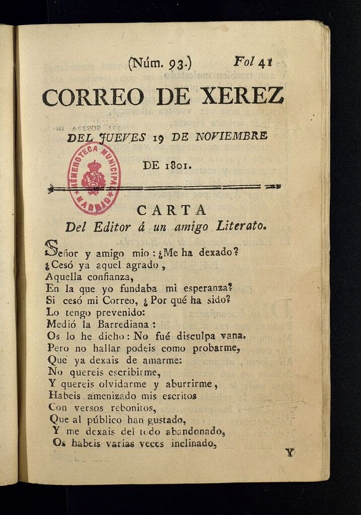 Miniatura de El Correo de Xerez del 19 de noviembre de 1801, nº 93