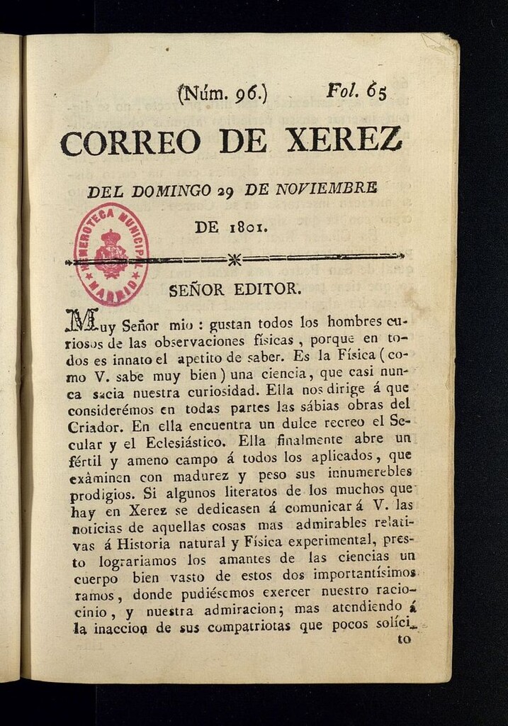 Miniatura de El Correo de Xerez del 29 de noviembre de 1801, nº 96