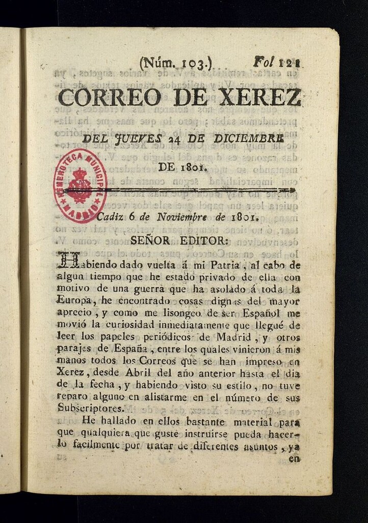 Miniatura de El Correo de Xerez del 24 de diciembre de 1801, nº 103