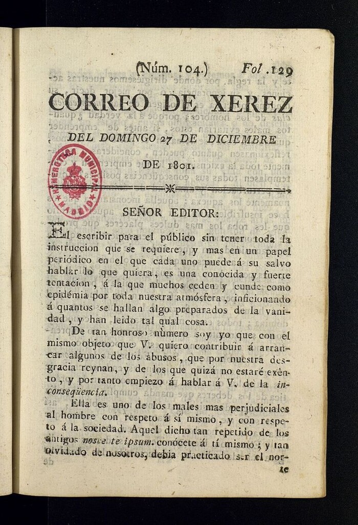 Miniatura de El Correo de Xerez del 27 de diciembre de 1801, nº 104