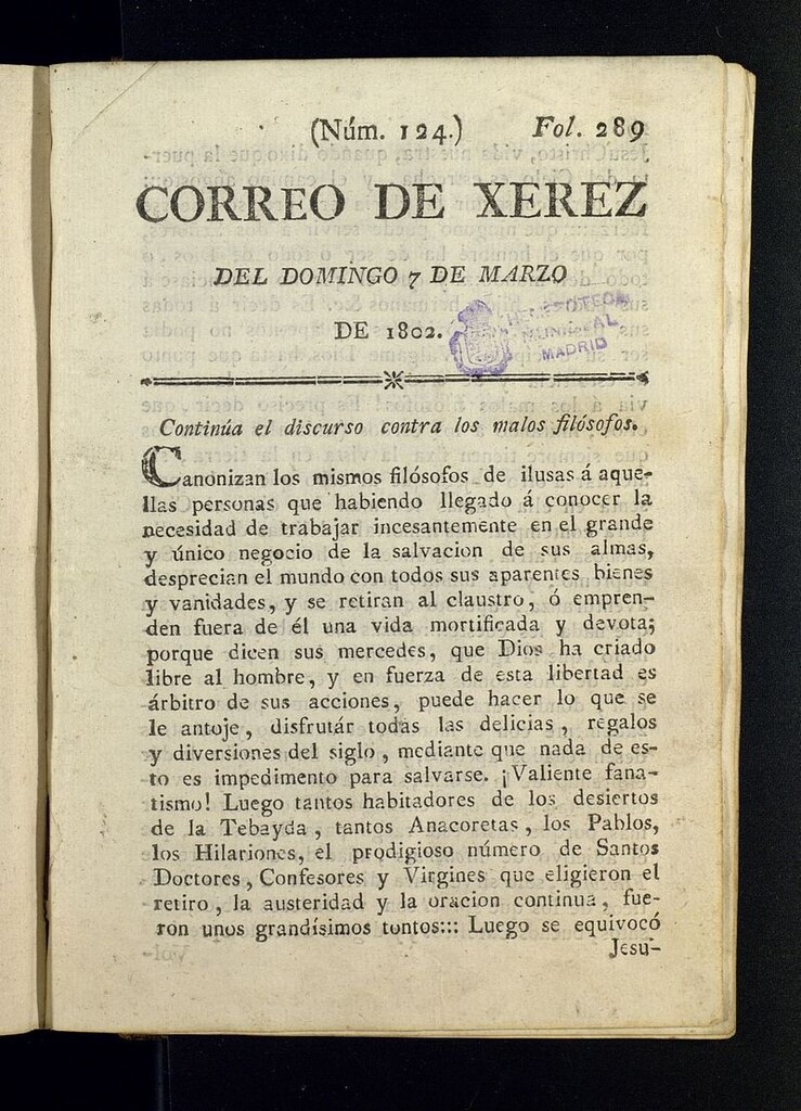 Miniatura de El Correo de Xerez del 7 de marzo de 1802, nº 124