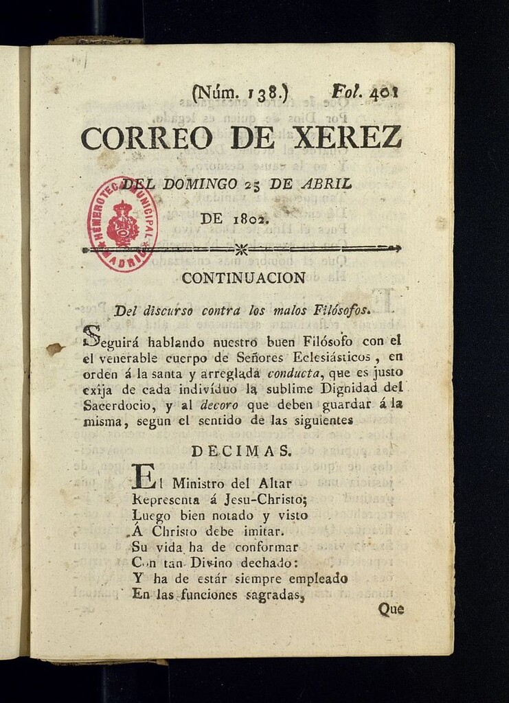 Miniatura de El Correo de Xerez del 25 de abril de 1802, nº 138
