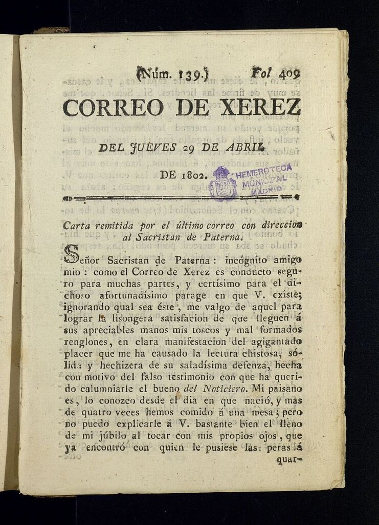 Miniatura de El Correo de Xerez del 29 de abril de 1802, nº 139